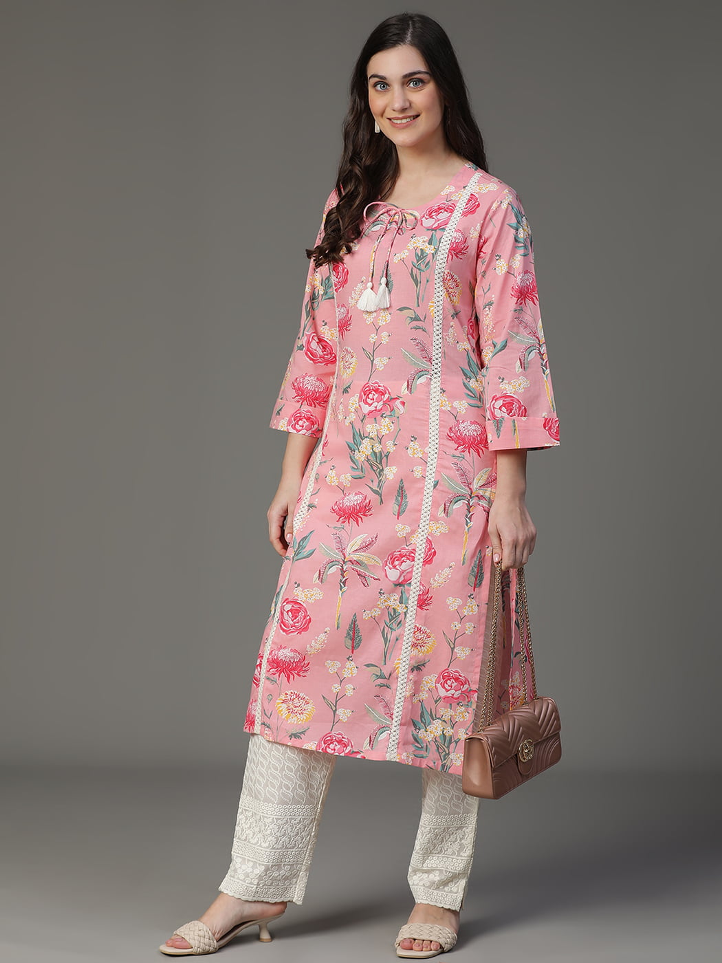 colorful_style୨୧⋆* Magenta Pink Glitter Dot Printed Straight Shantung Kurta