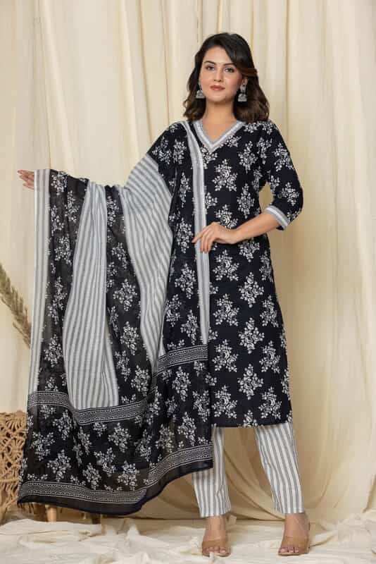 Black and white floral kurta